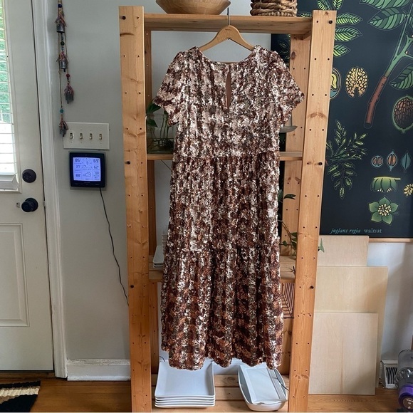 Anthropologie Maeve Rose Gold Sequins Bernadette Tiered Midi Dress Small - Picture 7 of 16